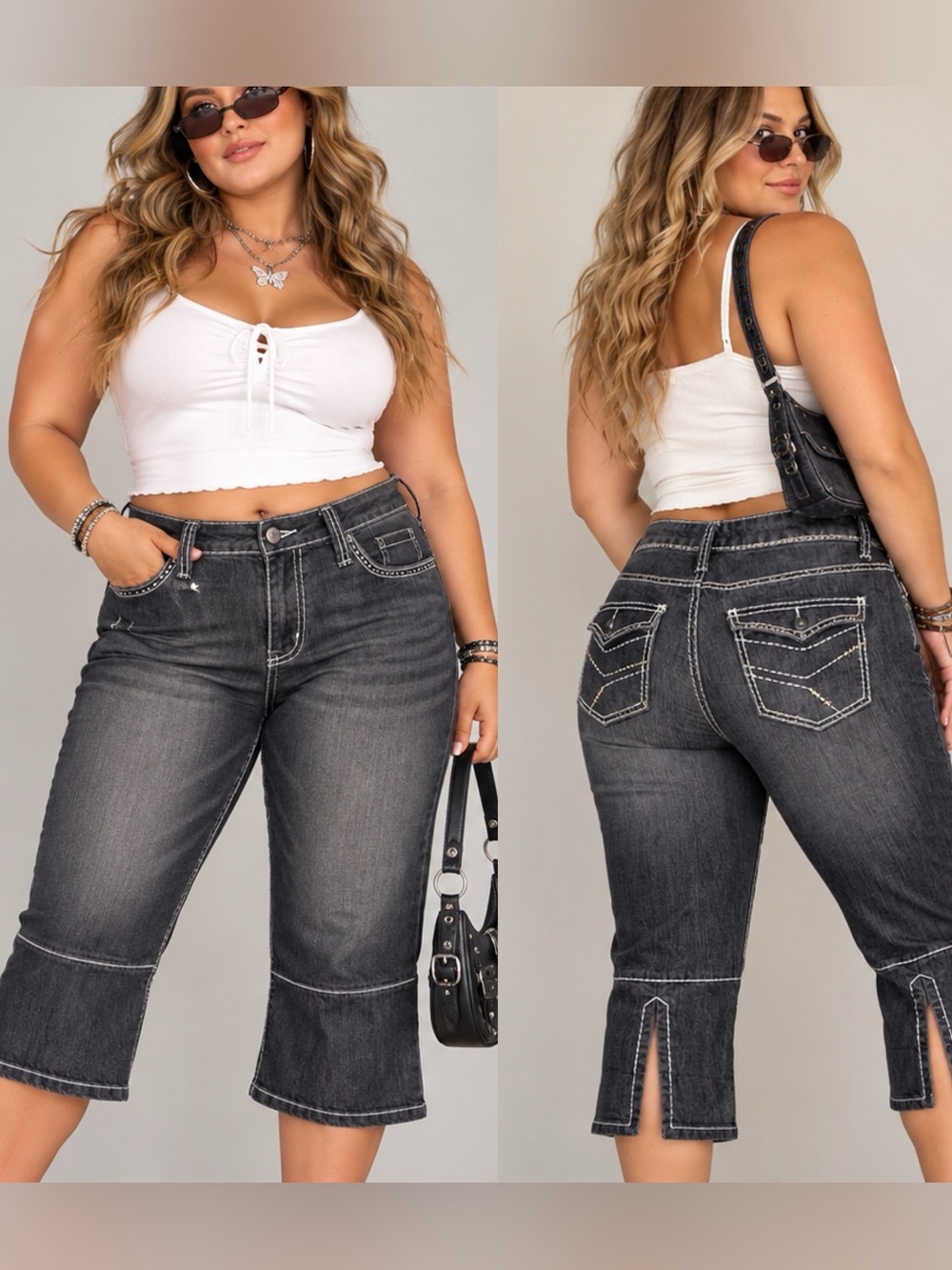 Y2K Dark Wash Contrast Stitch Denim Capri Streetwear Crop Pants Size 18